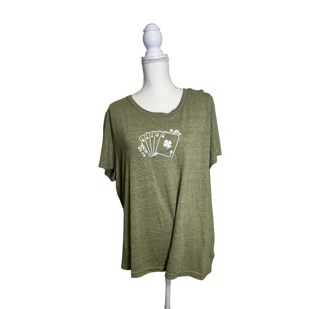 Lucky Brand Women's Green Playing Card Embroidered Short Sleeve Shirt Size XXL